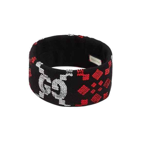 Gucci Black Sequin Silver Red GG Logo Wool Stretchy Headband Hair Small 56cm - Picture 3 of 10